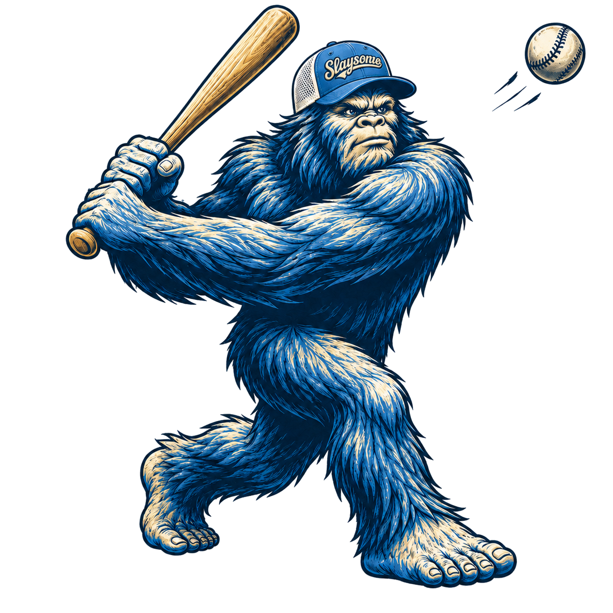 Slaysome sasquatch batting a softball while wearing the official Slaysome hat